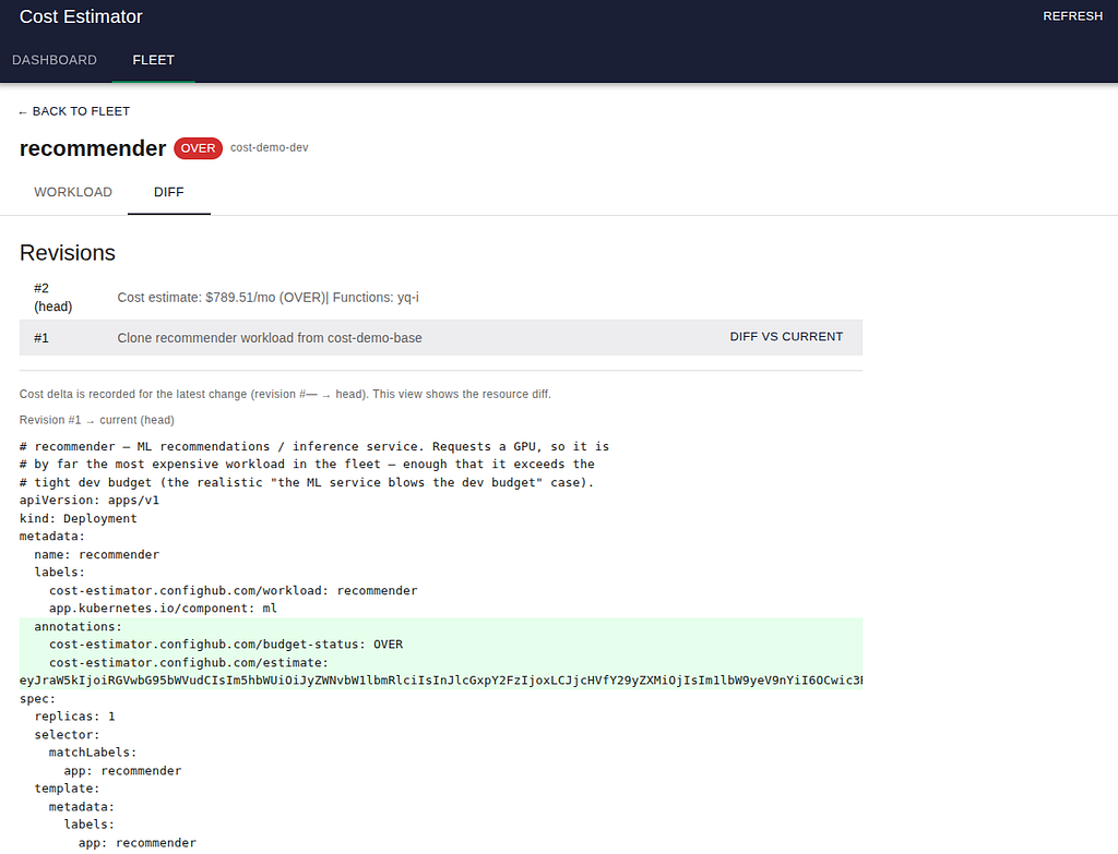 Each revision keeps its cost estimation as a base64-encoded blob annotation.